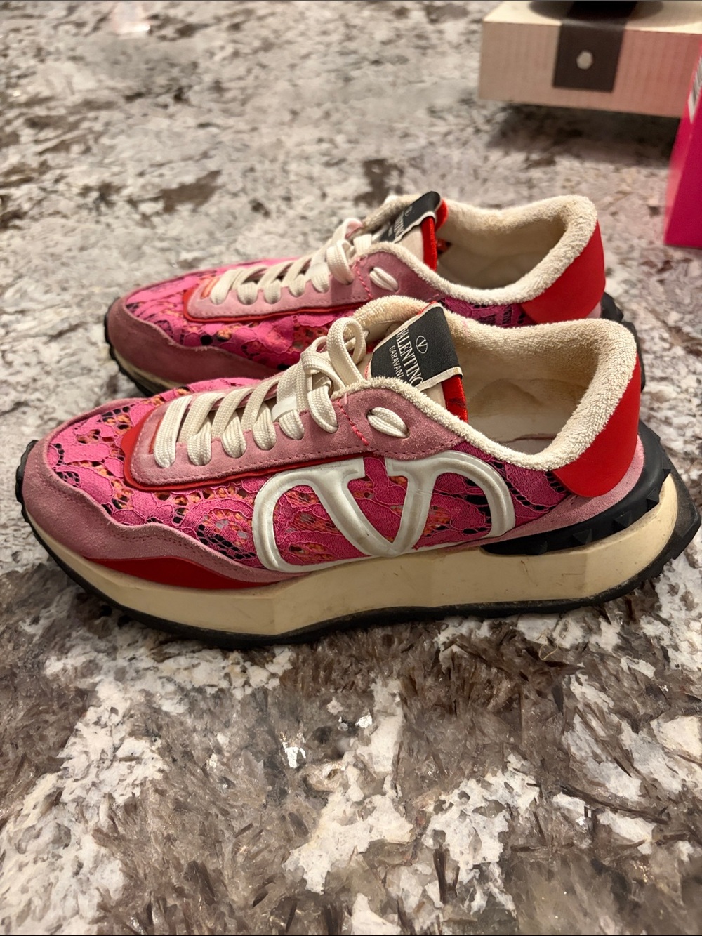 Valentino Garavani Pink and Red Lace V-Logo Platform Sneakers